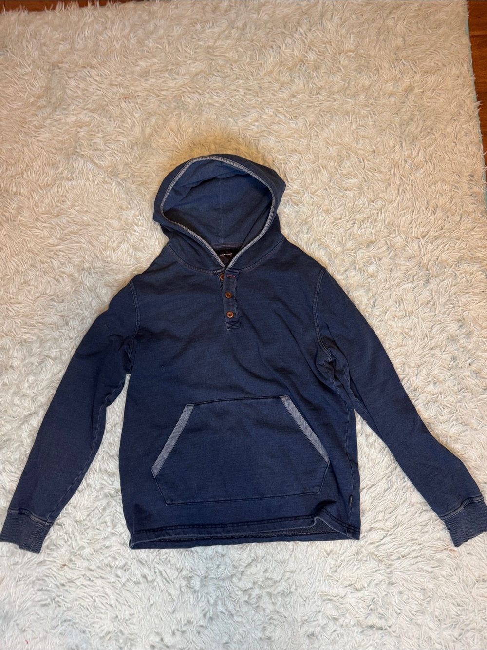 Lucky Brand Navy Hooded Henley Pullover medium. Hole in front distressed